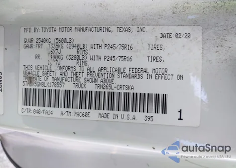 2020 Toyota Tacoma Sr z USA, uszkodzony, nr VIN 5TFRX5GN8LX178557